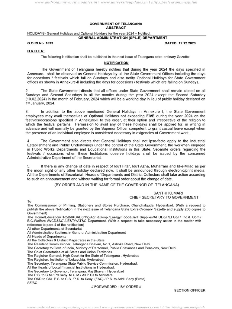 TS General Holidays and Optional Holidays for the year 2024 PDF