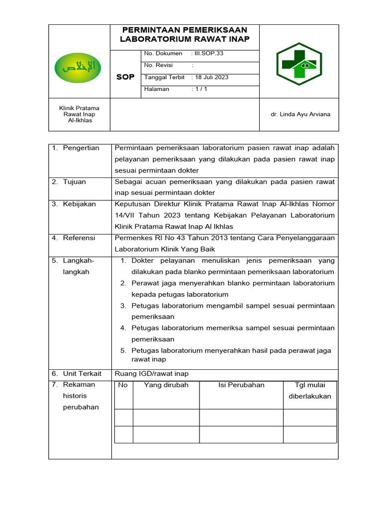 SOP Pemeriksaan Lab Rawat Inap | PDF | Sains & Matematika