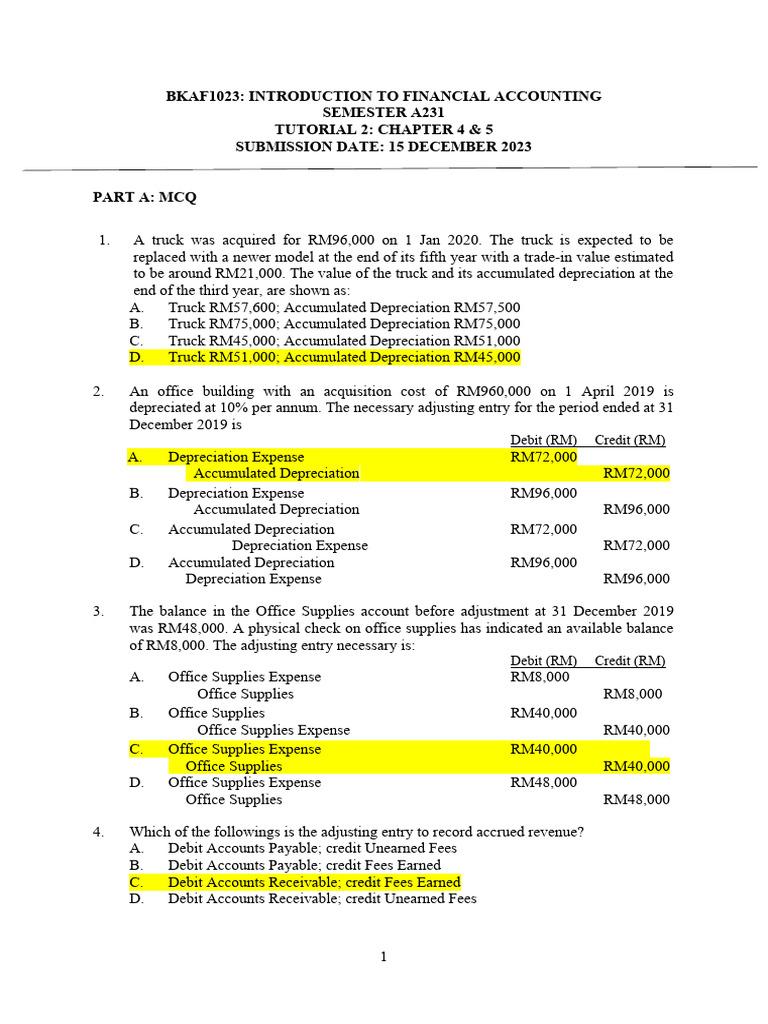 Bkaf1023: Introduction To Financial Accounting Semester A231 Tutorial 2 ...