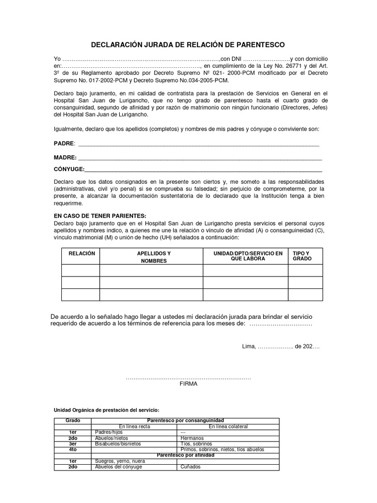 Declaración Jurada de Parentesco | PDF | Parentesco | Instituciones ...