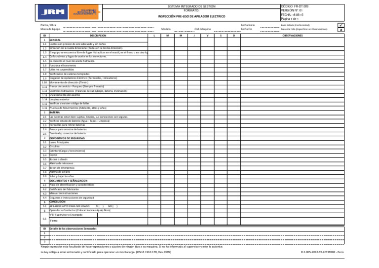 FR-DT.009 Check List Diario Pre Uso Apilador-Ver.01-1 | PDF | Vehículos ...