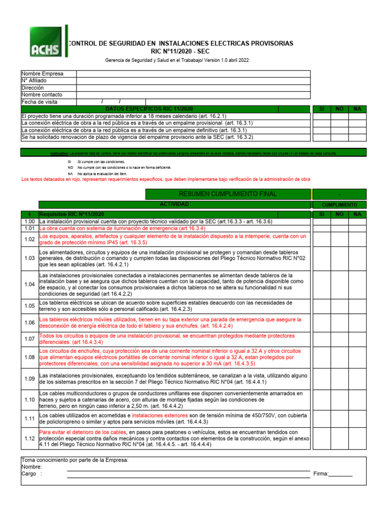 Check List RIC SEC V1 26.04.2022 | PDF | Electricidad | Ingenieria ...