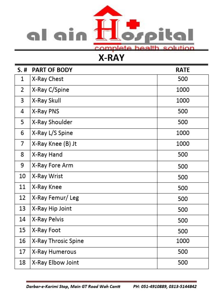 XRay Rate List PDF