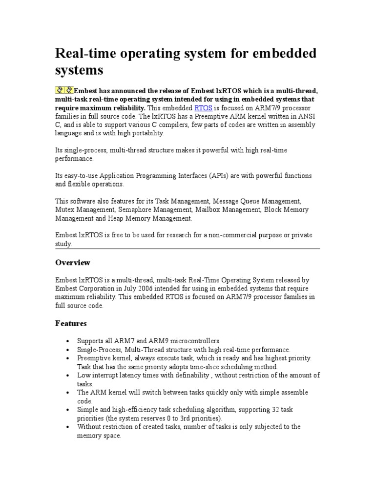 Embest lxRTOS: Real-Time OS for ARM Embedded Systems | PDF