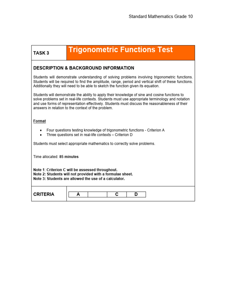 Math MYP5 Standard Task 3 Trig Functions Test PDF