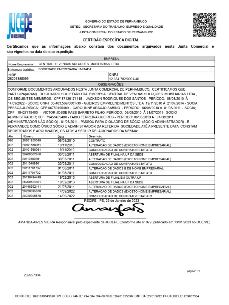 Certidao Jucepe Central De Vendas Pdf Business Economia De Negócios