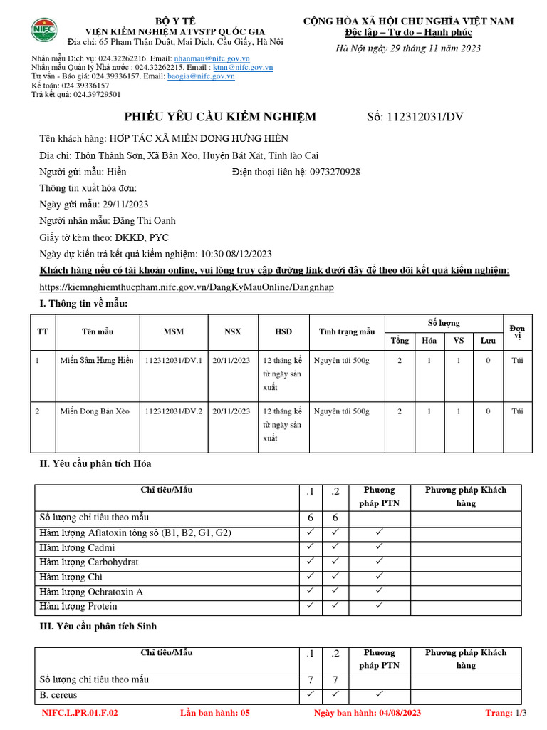 Phiếu Yêu Cầu Kiểm Nghiệm: Địa chỉ: 65 Phạm Thận Duật, Mai Dịch, Cầu ...