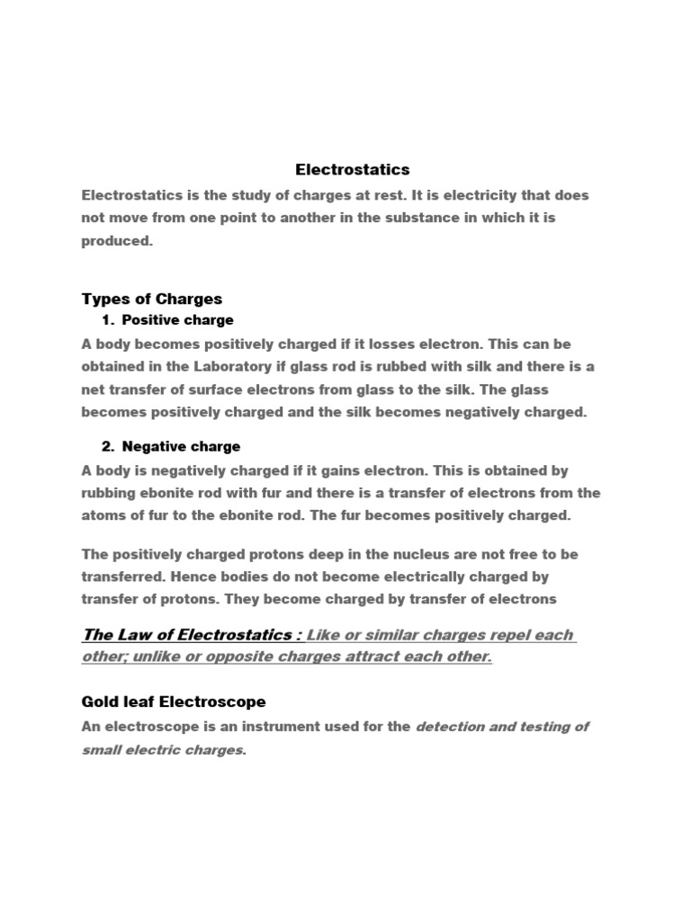 Electrostatics Ss1 Pdf Electric Charge Electrostatics