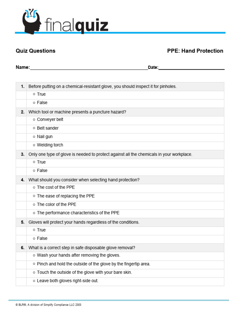 Quiz Questions PPE Hand Protection Name PDF Personal Protective