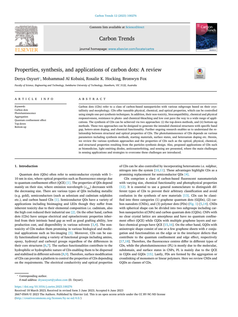 Properties, Synthesis, and Applications of Carbon Dots A Review | PDF