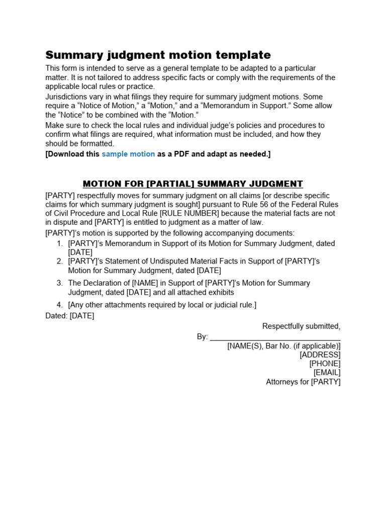 Sample Motion For Summary Judgement PDF