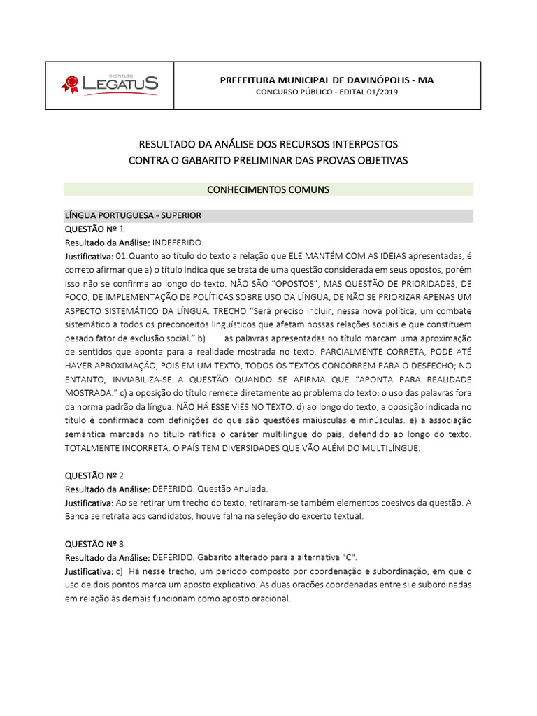 Julgamento Dos Recursos Interpostos Contra o Gabarito Preliminar Das ...