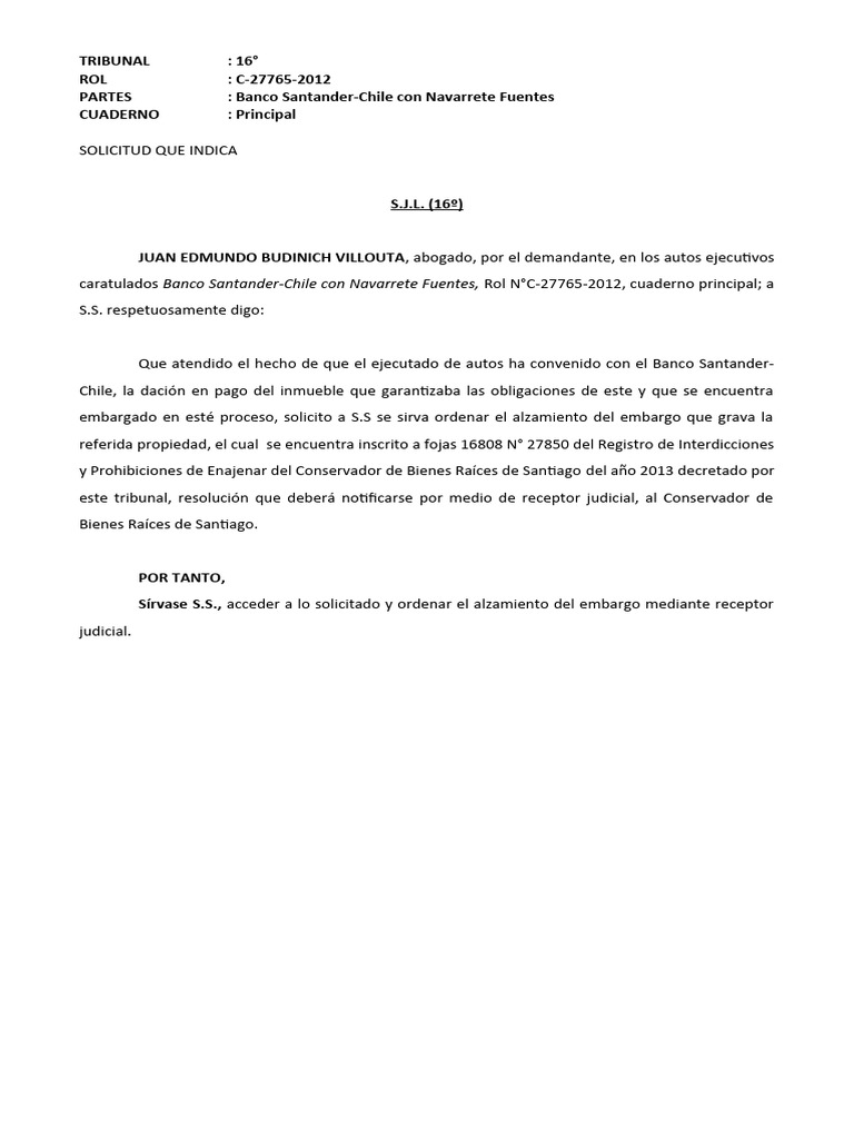 Solicitud de Alzamiento de Embargo | PDF