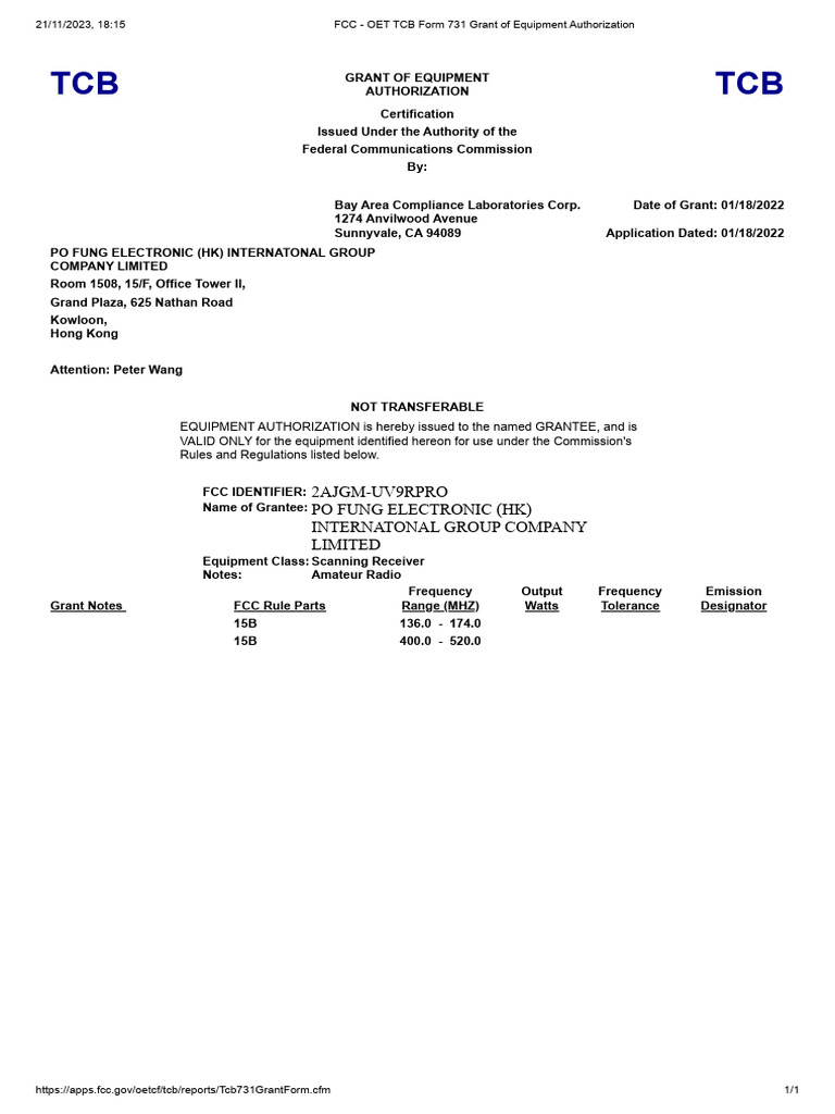 FCC OET TCB Form 731 Grant of Equipment Authorization UV9rPRO PDF