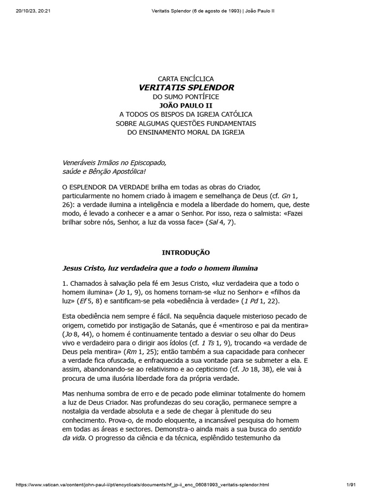 Veritatis Splendor: Ensinamento Moral de João Paulo II | PDF | Jesus ...