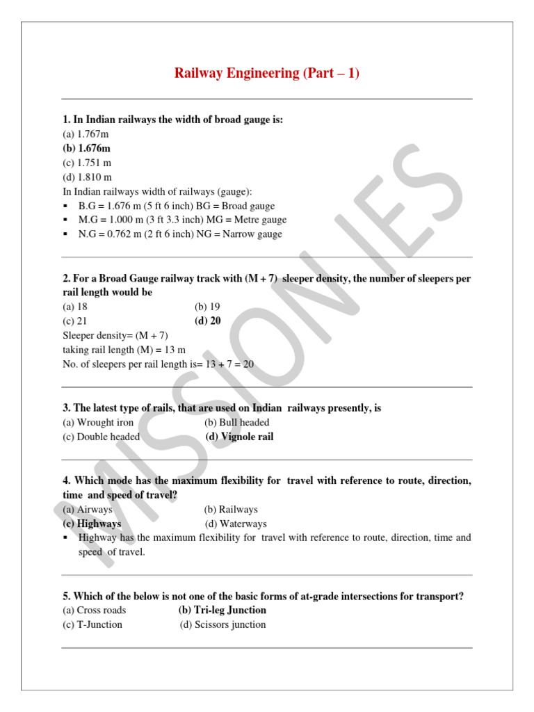 Railway Engineering MCQs PDF Track Gauge Steel