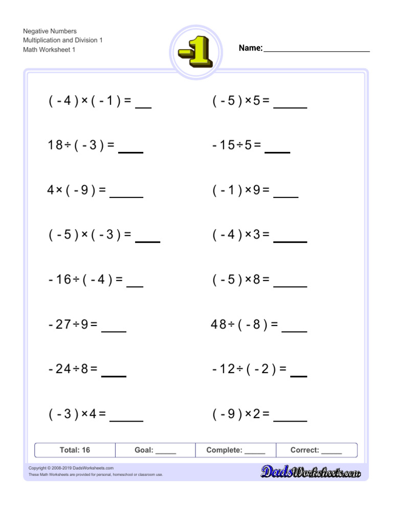 Negative Numbers Multiplication and Division 1 Math Worksheet 1 | PDF
