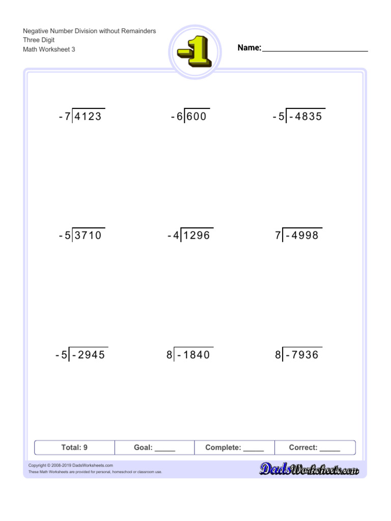Negative Number Division Without Remainders Three Digit Math Worksheet ...