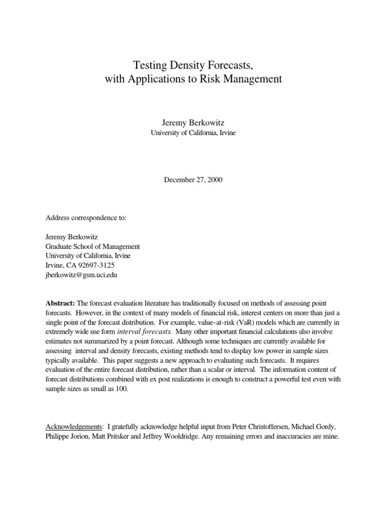 Testing Density Forecasts, With Applications To Risk Management PDF