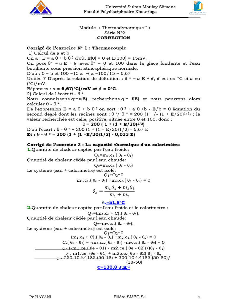 Correction Exercices de Thermodynamique | PDF | Enthalpie de changement ...