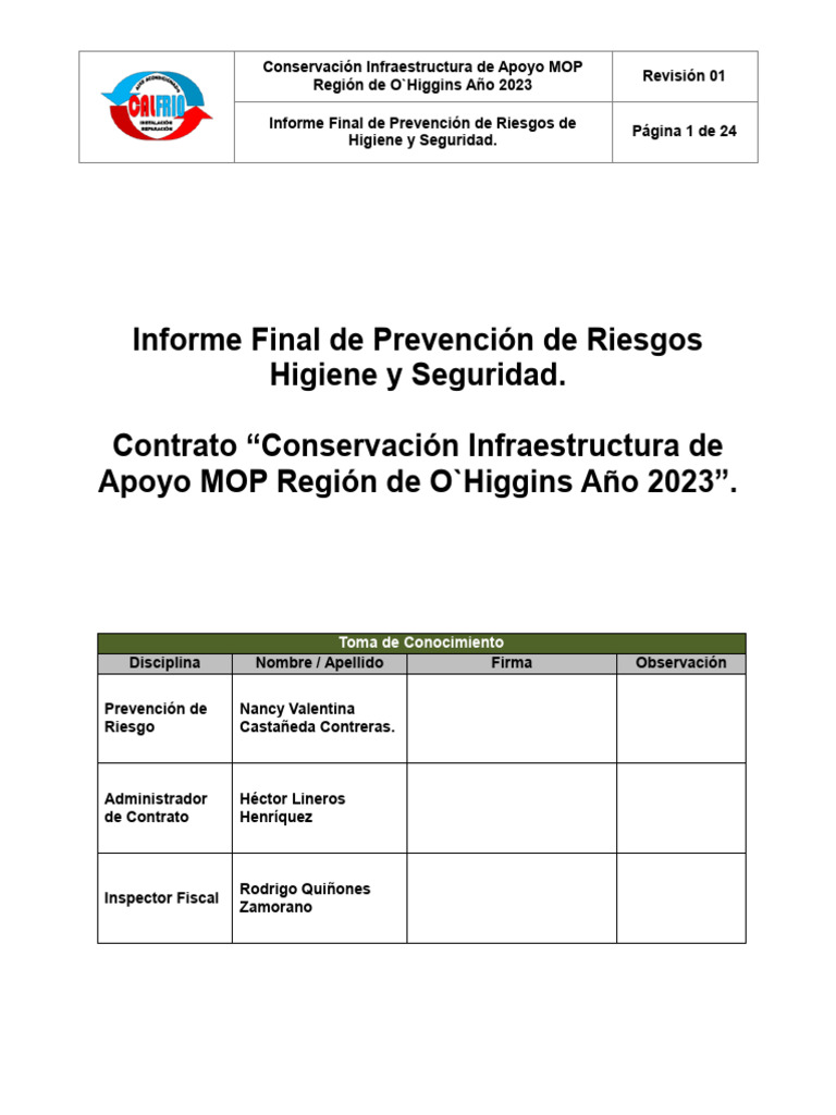 Informe de Prevención de Riesgos MOP 2023 | PDF | Higiene