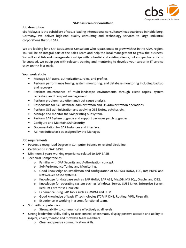 SAP Basis Senior Consultant Role | PDF | Operating System | Databases