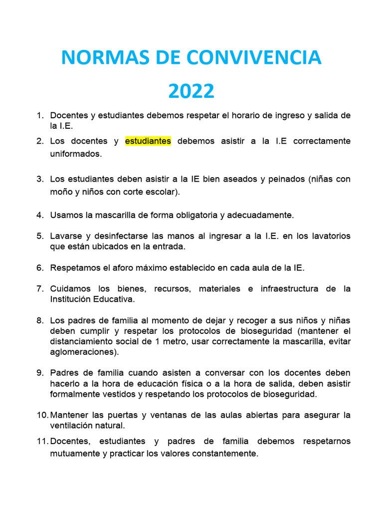 Normas de Convivencia Escolar 2022 | PDF | Crecimiento personal y ...