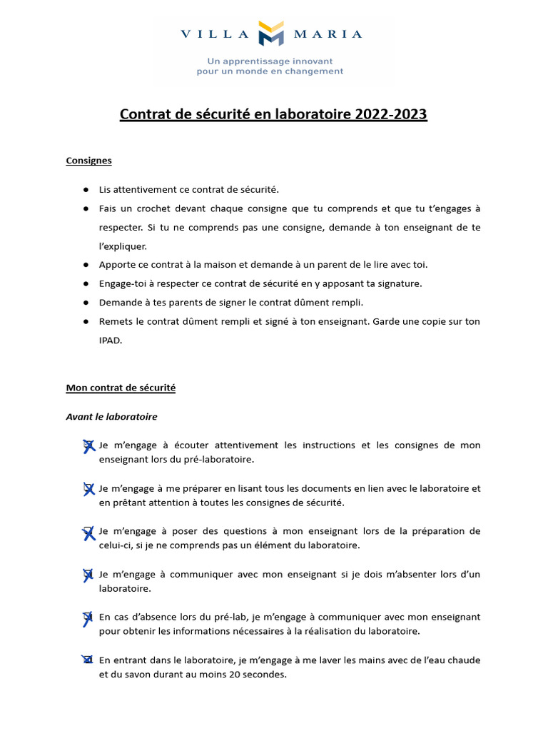 Contrat de sécurité en laboratoire 2022-2023 | PDF | Hygiène des mains