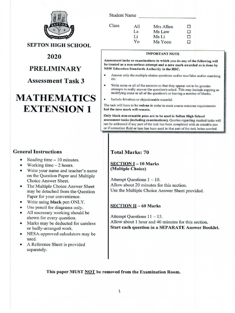 Ext 1 Sefton High School Prelim Yearly Paper 631f1c69299a2 | PDF