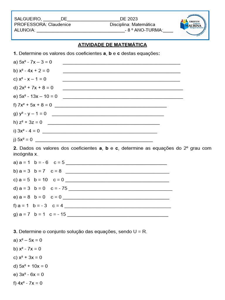 ATIVIDADE DE MATEMÁTIC- Equação do 2º Grau | PDF