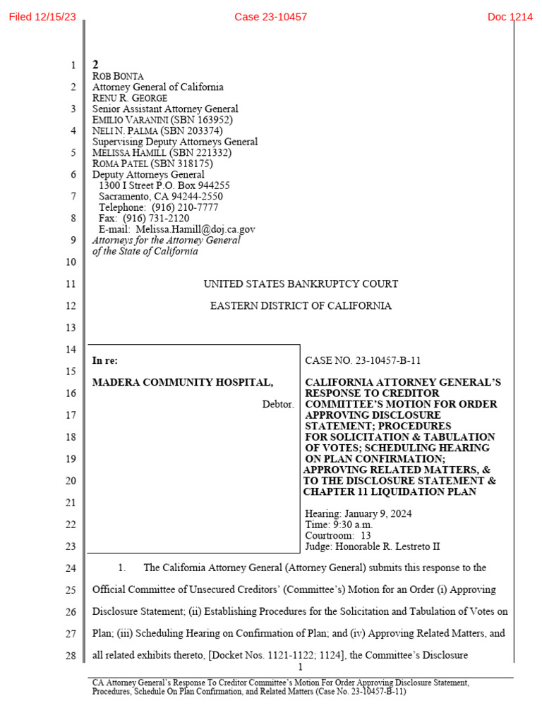 California Attorney General Response To Creditor Committee Motion | PDF ...