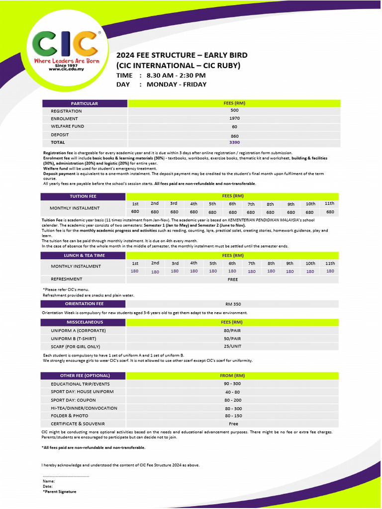 CIC 2024 Fee Structure Overview | PDF
