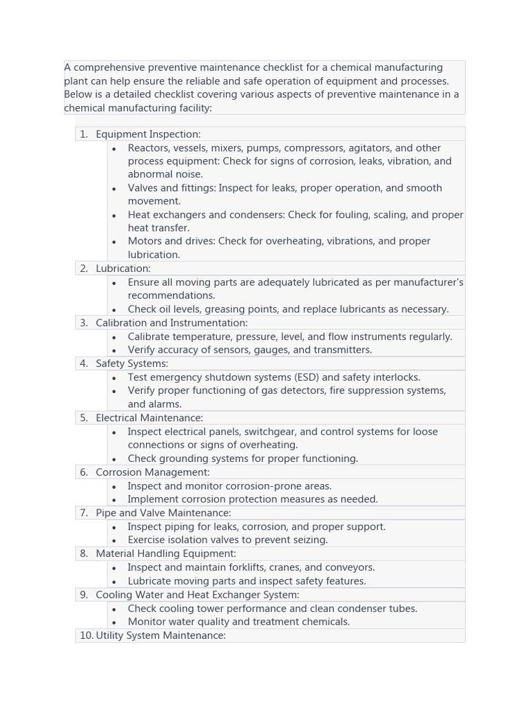 Chemical Plant Preventive Maintenance Checklist | PDF | Heat Exchanger ...