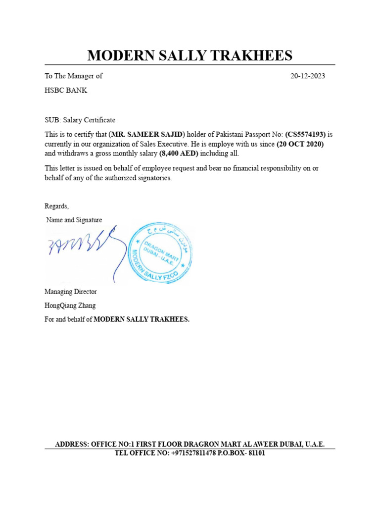 Salary Certificate Modern Sally PDF