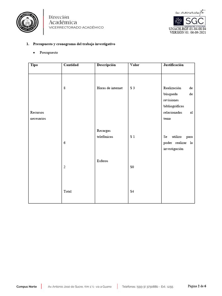 Cronograma y Presupuesto de Titulación | PDF