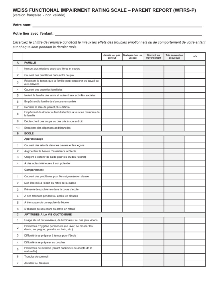 WFIRS-P: Évaluation Parentale des Impairments | PDF