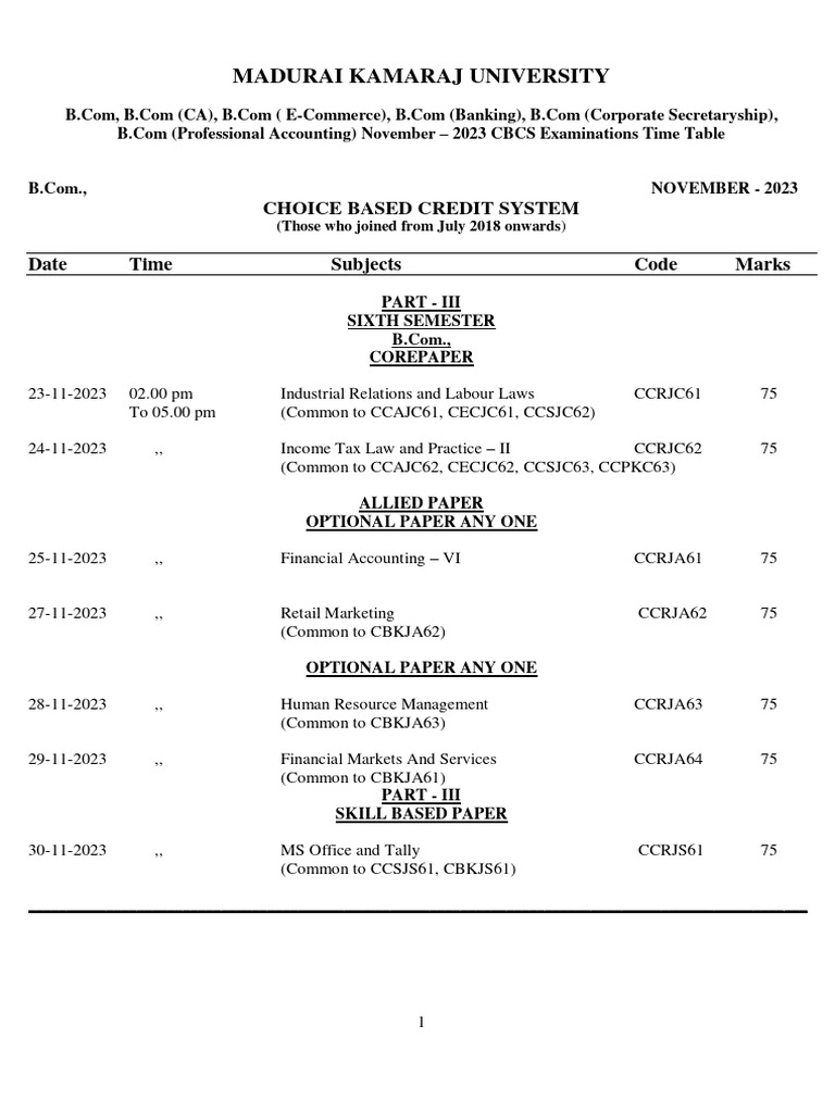 Bcom Time Table Nov.2023 | PDF | Computers