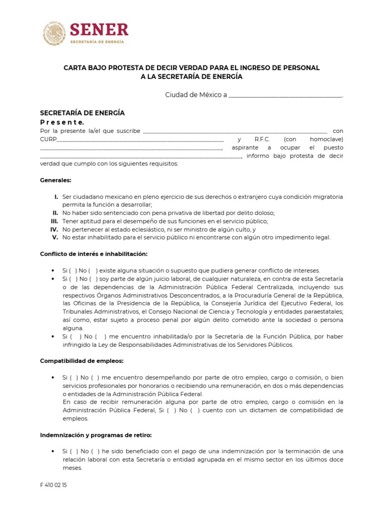 Carta bajo protesta para ingreso a la SENER | PDF | México | Castigos