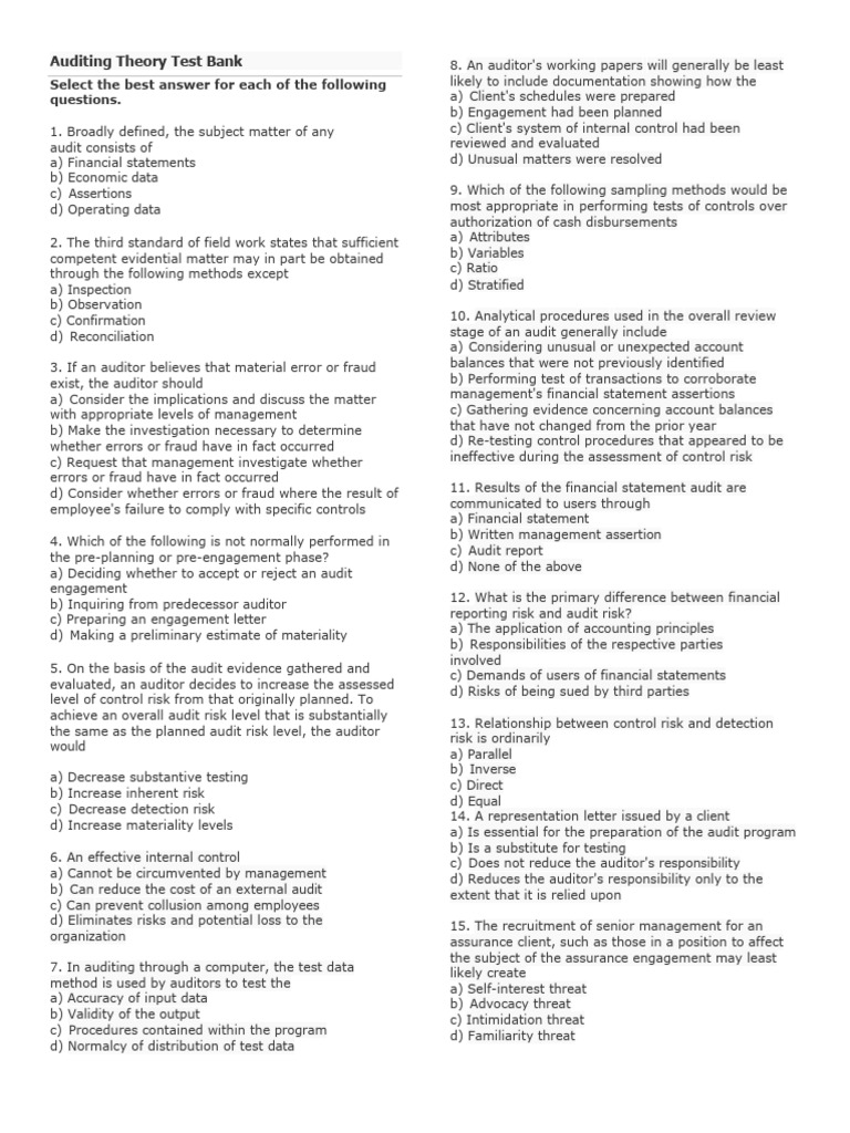 Auditing Theory Test Bank Questions | PDF | Financial Audit | Audit