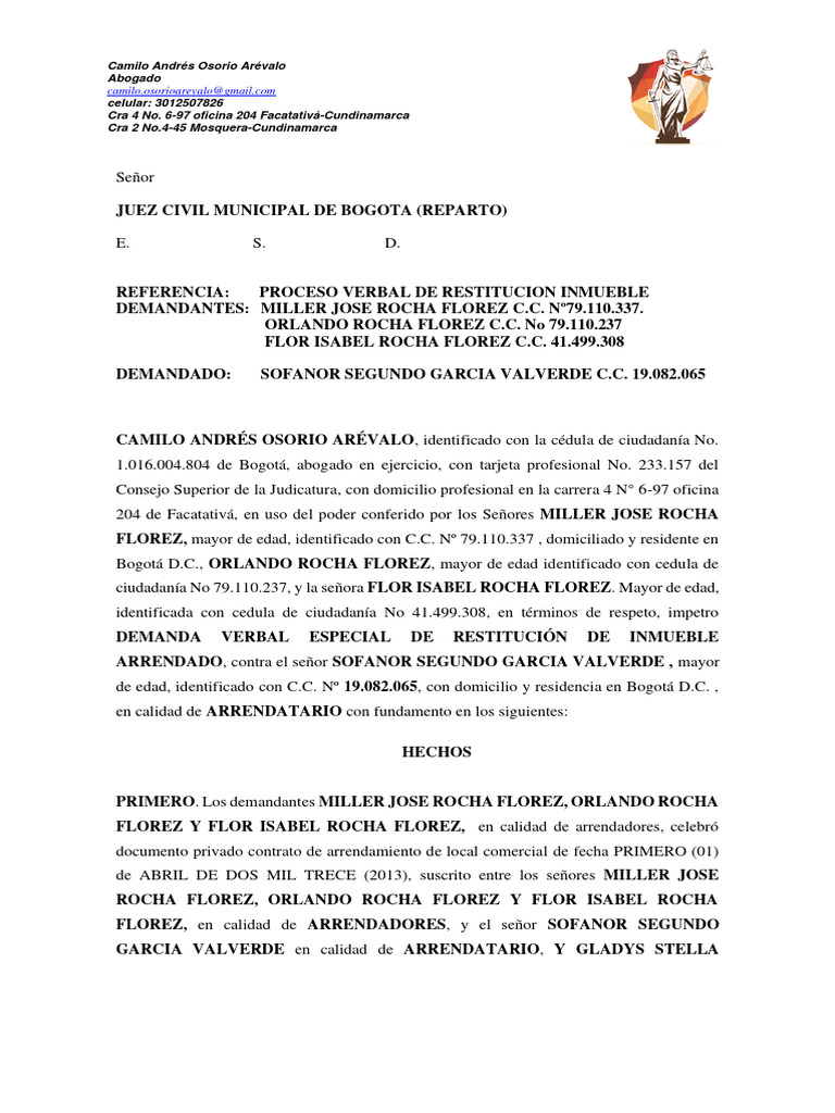 Demanda Restitucion de Inmueble Arrendado Miller Rocha | PDF | Bogotá ...
