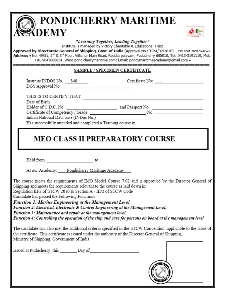 MEO Class II Specimen Certificate | PDF