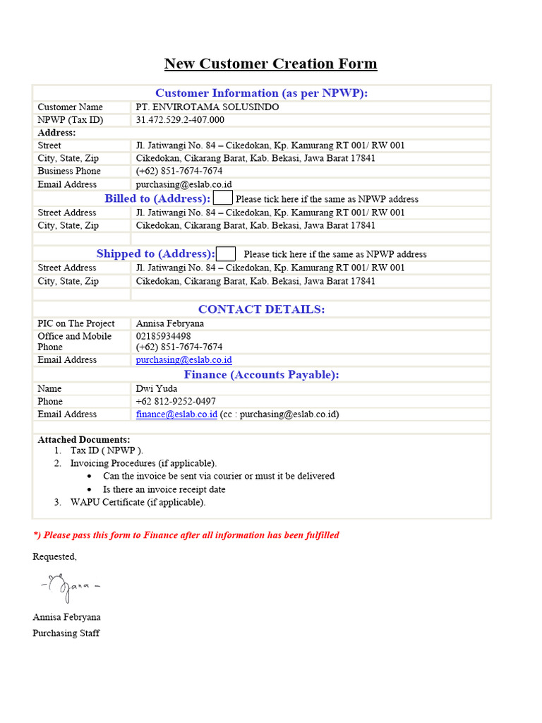 New customer creation form pdf