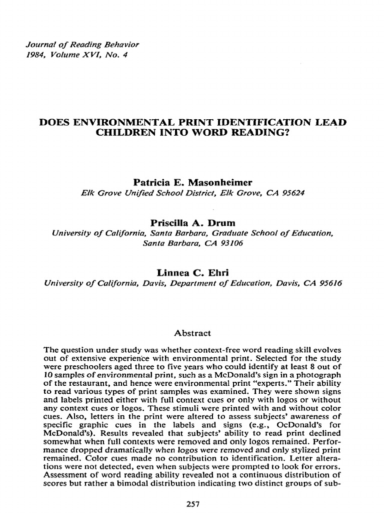 Masonheimer et al 1984 does environmental print identification lead