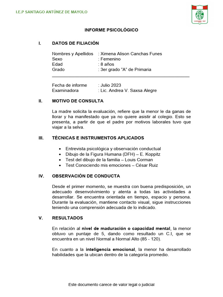 Modelo de Informe Psicológico | PDF | Autoestima | Las emociones