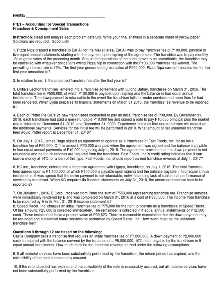 Quiz Franchise and Consignment | PDF | Franchising | Revenue