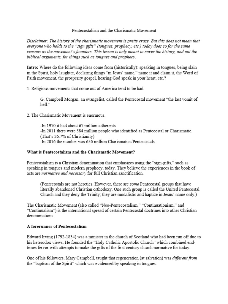 Pentecostalism and The Charismatic Movement Notes PDF