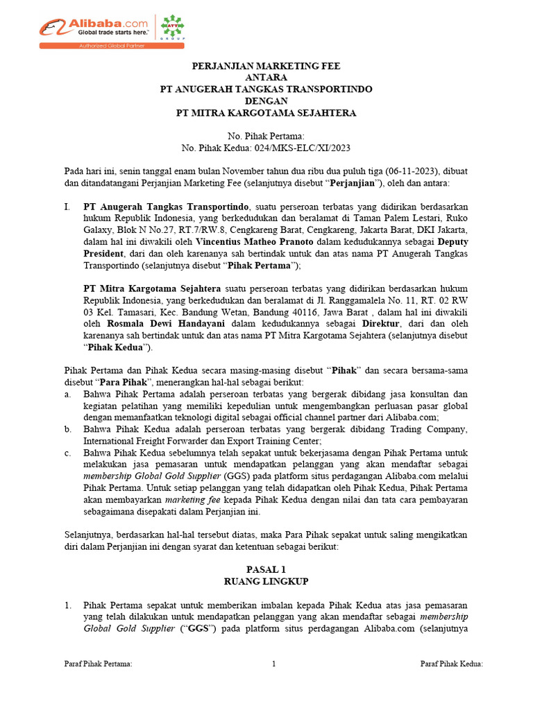 Perjanjian Marketing Fee PT Anugerah & PT Mitra | PDF