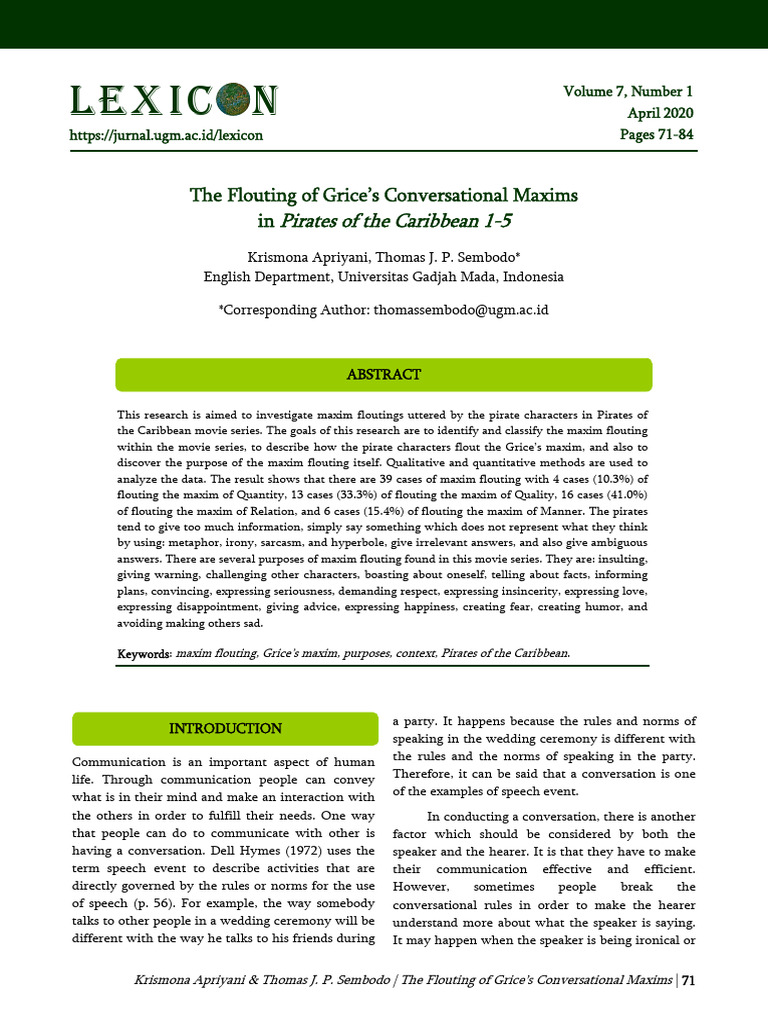 The Flouting of Grices Conversational Maxims in P | PDF | Communication ...