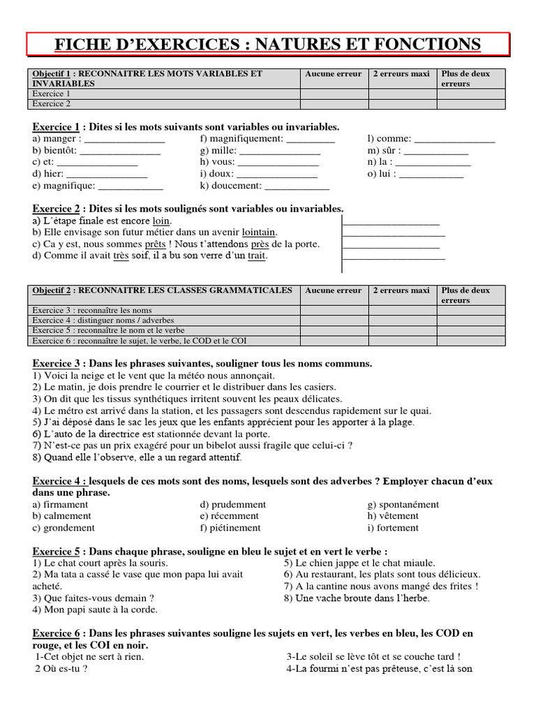 Exercices sur les natures et fonctions | PDF | Pronom | Sujet (Grammaire)