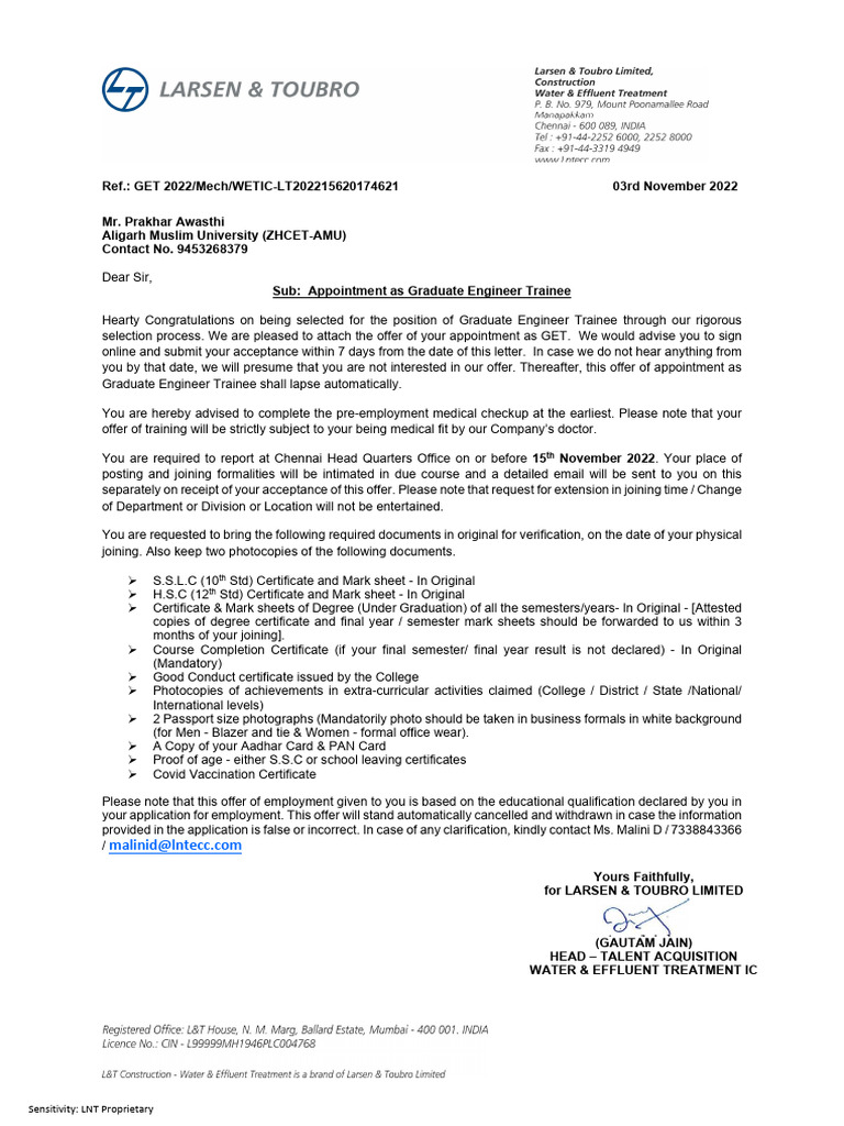 Graduate Engineer Trainee Offer Letter | PDF | Social Media | Popular ...